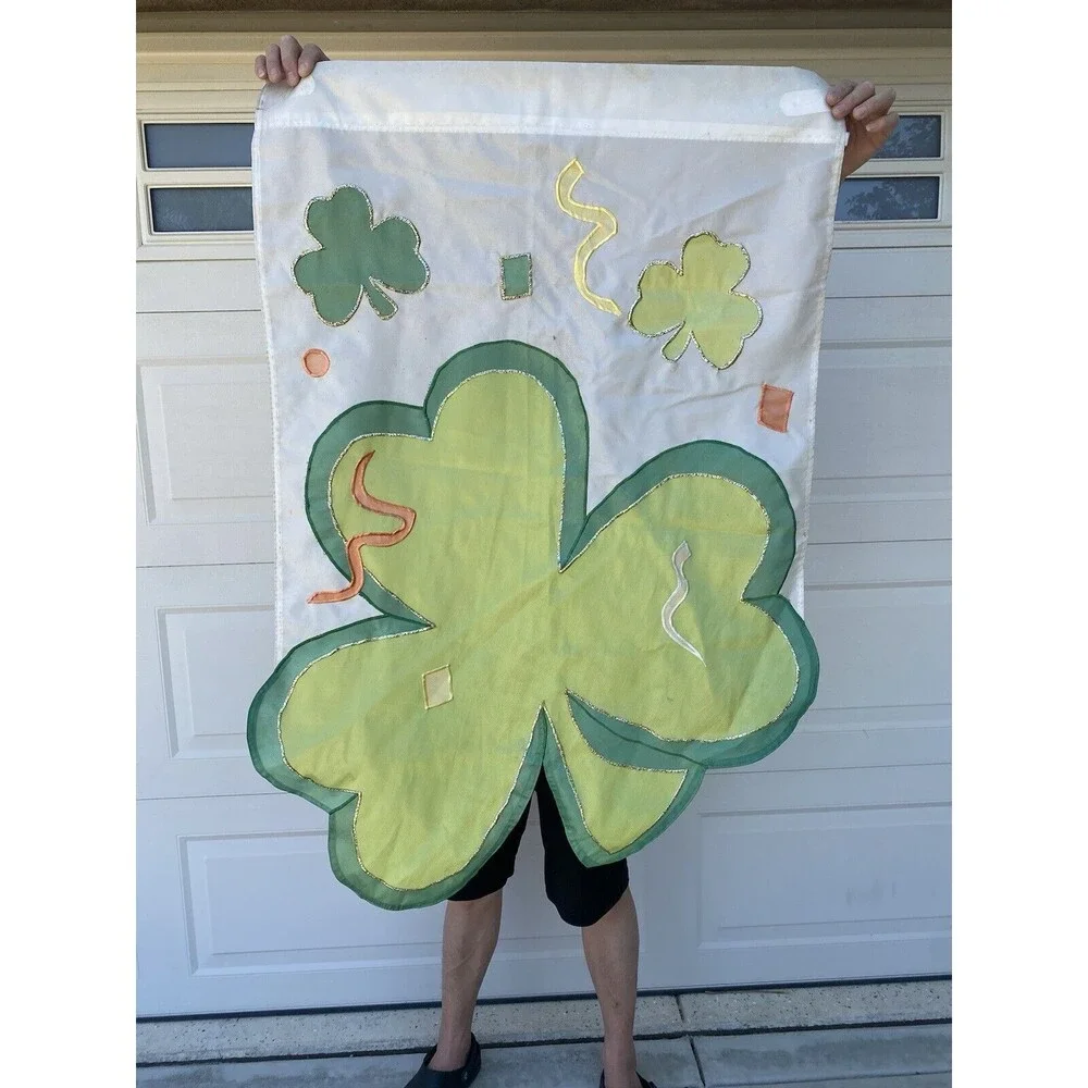 Vintage St Patricks Shamrock Clovers Garden Flag Irish Luck Spring Decoration